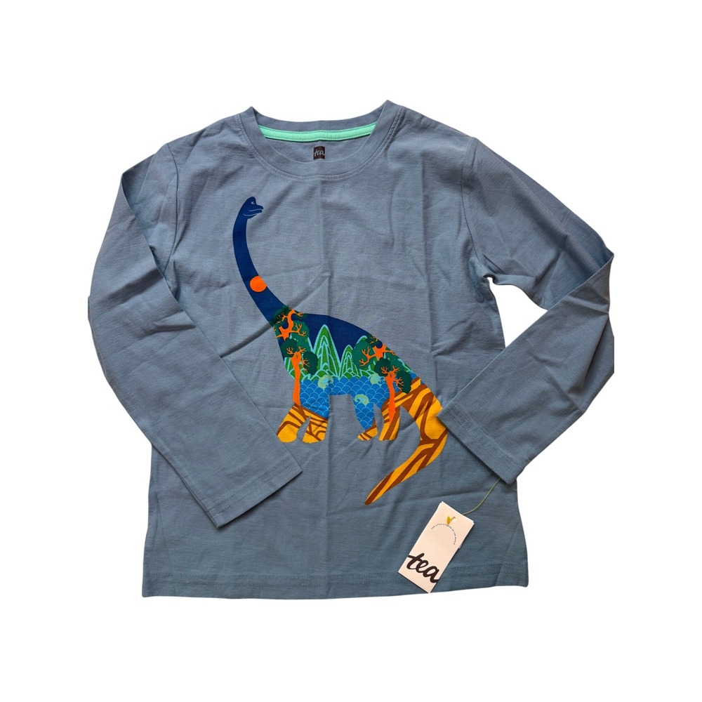Tea Collection Kids Korea In A Dino Graphic Tee Blue Tide Long Sleeve Size 7 NEW